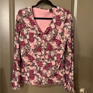 Vintage Women’s Pink Floral Mesh Long Sleeve V-Neck Top